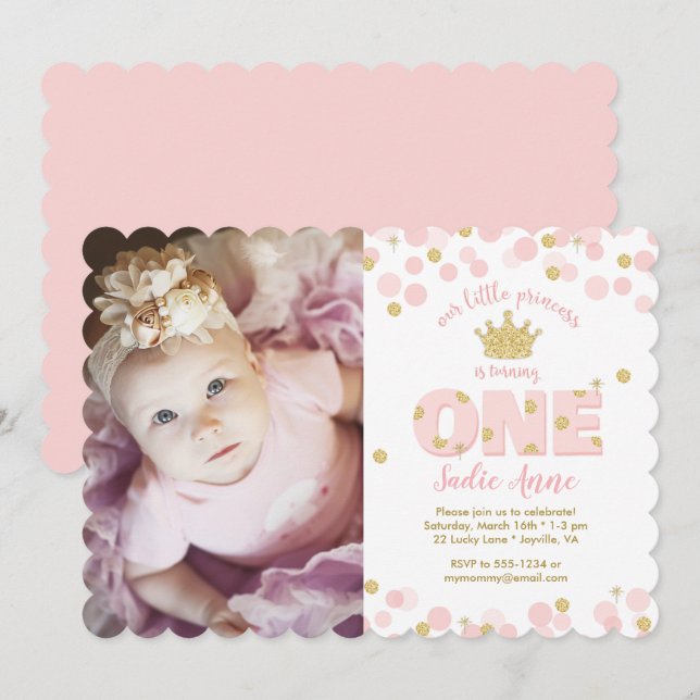 Princess Pink Gold Glitzer Erster Geburtstag Einladung (Vorne/Hinten)