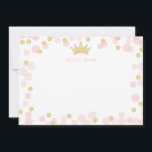 Princess Pink Gold Glitzer Polka Dots Stationery Mitteilungskarte<br><div class="desc">Dieses Design besticht durch eine Prinzessenkrone, die von zarten rosa und glitzernden Goldkonfetti hervorgehoben wird. Klicken Sie auf die Schaltfläche Anpassen für mehr Flexibilität beim Hinzufügen Ihres eigenen Textes! Variationen dieses Designs, zusätzliche Farben sowie koordinierende Produkte sind in unserem Shop, zazzle.com/store/doodlelulu verfügbar. Kontaktieren Sie uns, wenn Sie dieses Design für...</div>