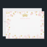 Princess Pink Gold Glitzer Polka Dots Stationery Mitteilungskarte<br><div class="desc">Dieses Design besticht durch eine Prinzessenkrone, die von zarten rosa und glitzernden Goldkonfetti hervorgehoben wird. Klicken Sie auf die Schaltfläche Anpassen für mehr Flexibilität beim Hinzufügen Ihres eigenen Textes! Variationen dieses Designs, zusätzliche Farben sowie koordinierende Produkte sind in unserem Shop, zazzle.com/store/doodlelulu verfügbar. Kontaktieren Sie uns, wenn Sie dieses Design für...</div>