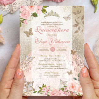 Princess Pink Gold Rose Butterfly Glam Quinceanera Einladung