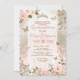 Princess Pink Gold Rose Butterfly Glam Quinceanera Einladung