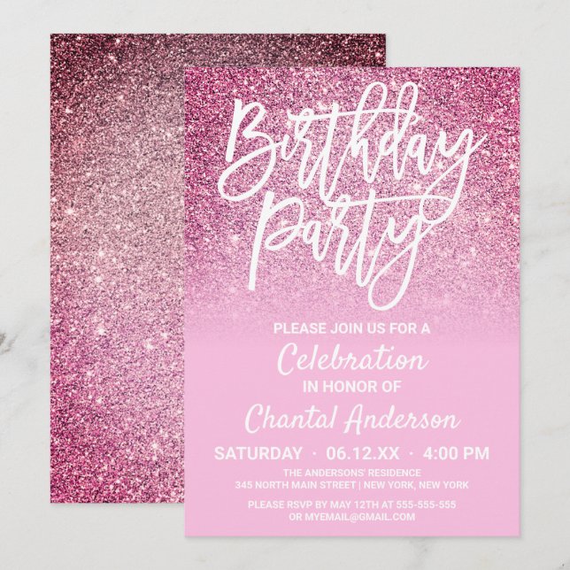 Princess Pink Imitats Glitzer Ombre Birthday Einladung (Vorne/Hinten)