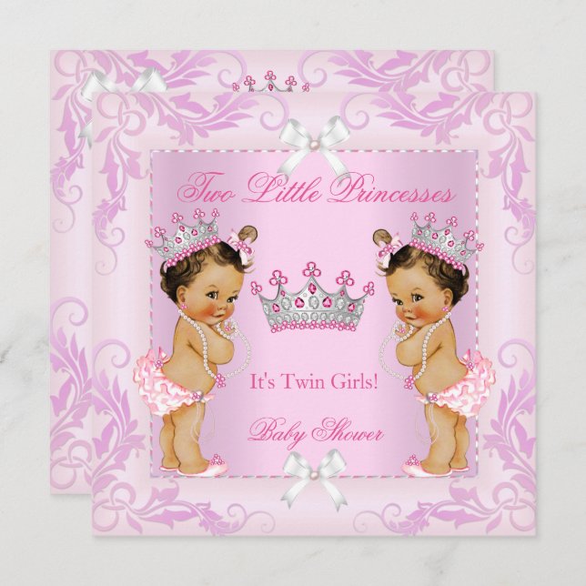 Princess Pink Pearls Twin Baby Dusche Tiara BR Einladung (Vorne/Hinten)