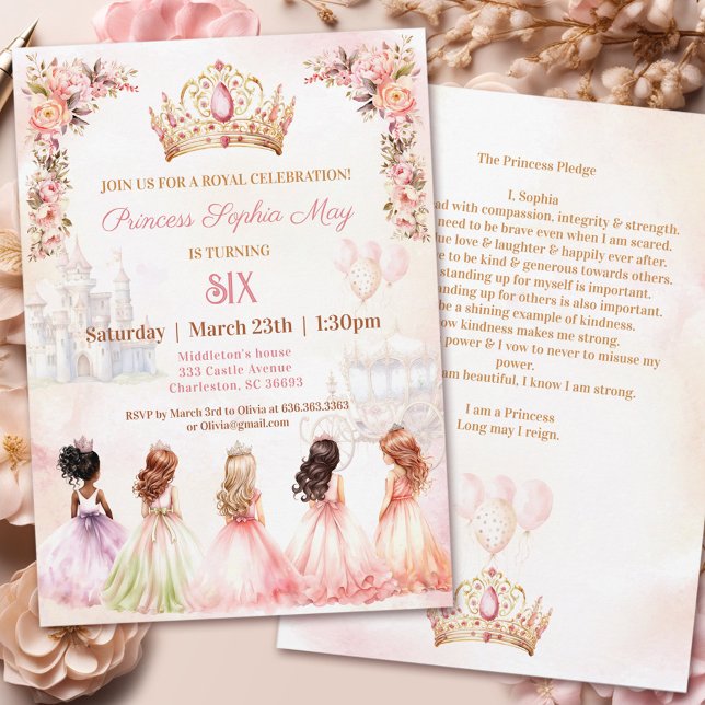Princess Pledge Crown Pink Floral Girl Birthday Einladung (Princess Pledge Crown Pink Floral Girl Birthday Invitation)