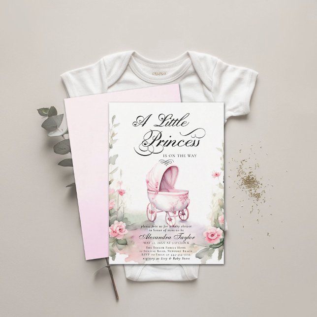 Princess Pram Rose Watercolor Babydusche Einladung (princess baby shower invitation watercolor floral roses garden pram stroller cute adorable girl)