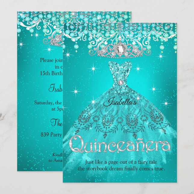 Princess Quinceanera 15. Geburtstag Aquamarin Aqua Einladung (Vorne/Hinten)