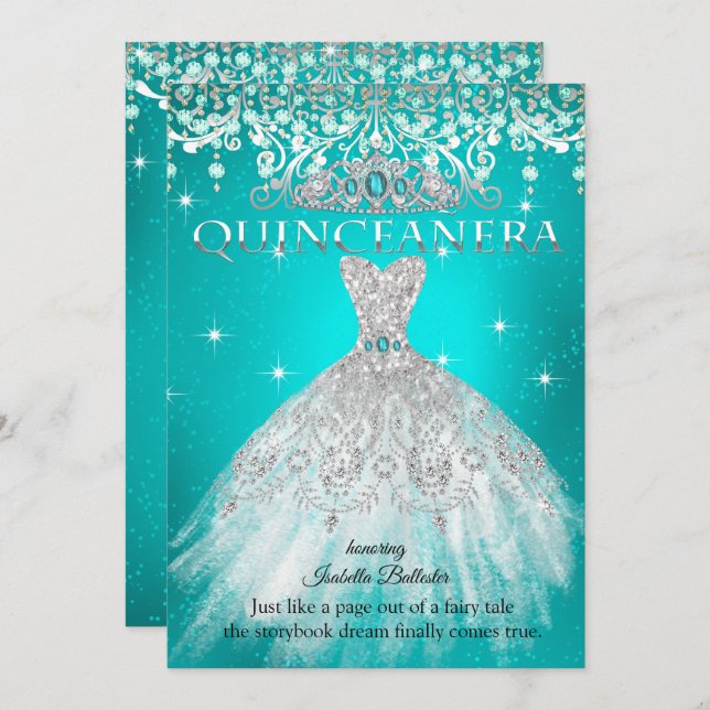 Princess Quinceanera 15. Geburtstag Aquamarin Blue Einladung (Vorne/Hinten)