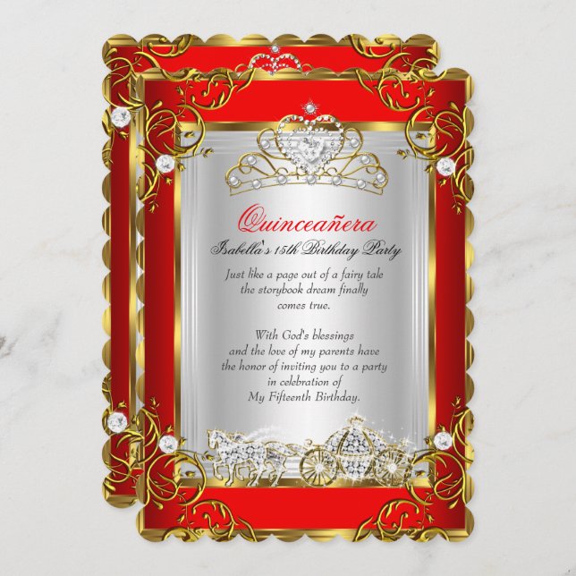 Princess Quinceanera 15. Geburtstag Rot Einladung (Vorne/Hinten)
