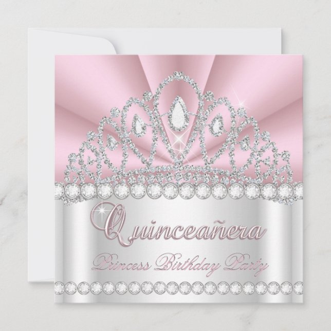 Princess Quinceanera 15. Pink White Diamond Gem Einladung (Vorderseite)