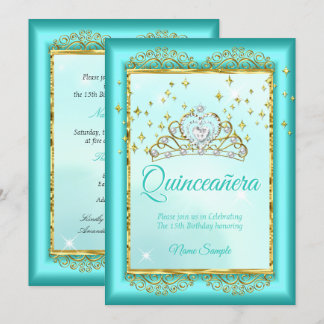 Princess Quinceañera Aquamarin Blue Gold Geburtsta Einladung