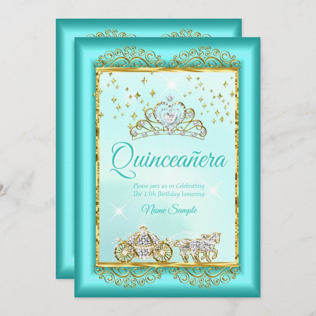 Princess Quinceañera Aquamarin Blue Gold Märchen Einladung (Vorne/Hinten)