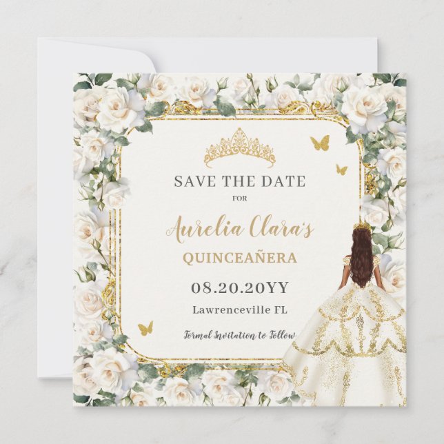 Princess Quinceañera Champagne Ivory Rose Dress Save The Date (Vorderseite)