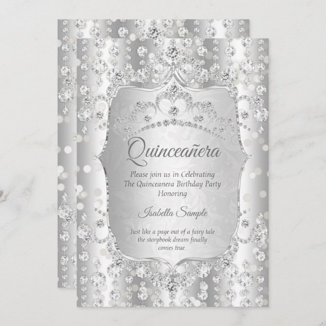 Princess Quinceanera Diamant silberweiße Tiara Einladung (Vorne/Hinten)