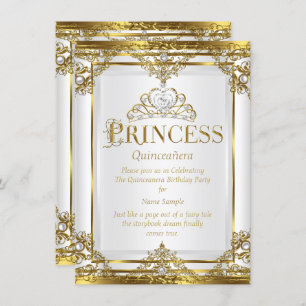 Princess Quinceanera Elegant Gold Weißer Perle 2 Einladung