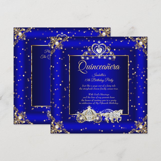Princess Quinceanera Elite Royal Blue Einladung (Vorne/Hinten)