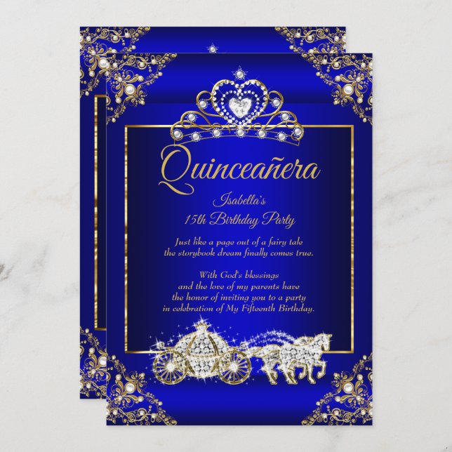 Princess Quinceanera Elite Royal Blue Gold Einladung (Vorne/Hinten)