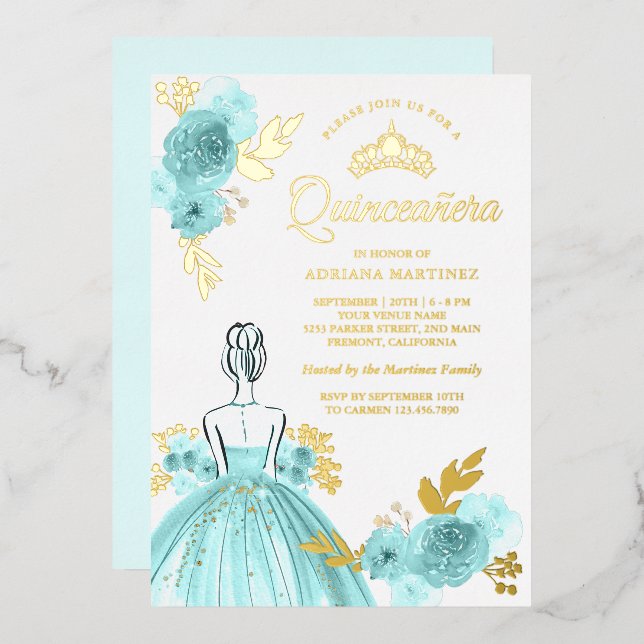 Princess Quinceanera Gold, aquamarines Blumenkleid Folieneinladung (Vorderseite/Rückseite)