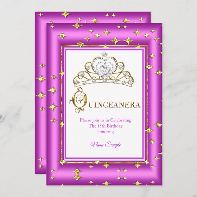 Princess Quinceanera Gold Lila Pink Birthday Einladung (Vorne/Hinten)