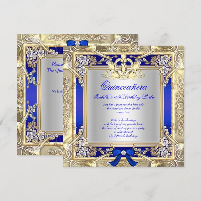 Princess Quinceanera Gold Royal Blue Silver 2 Einladung (Vorne/Hinten)