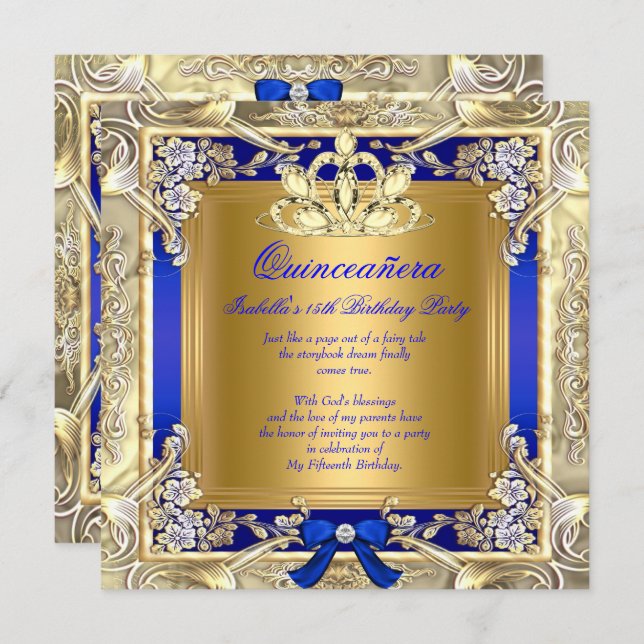 Princess Quinceanera Gold Royal Blue Silver Party Einladung (Vorne/Hinten)