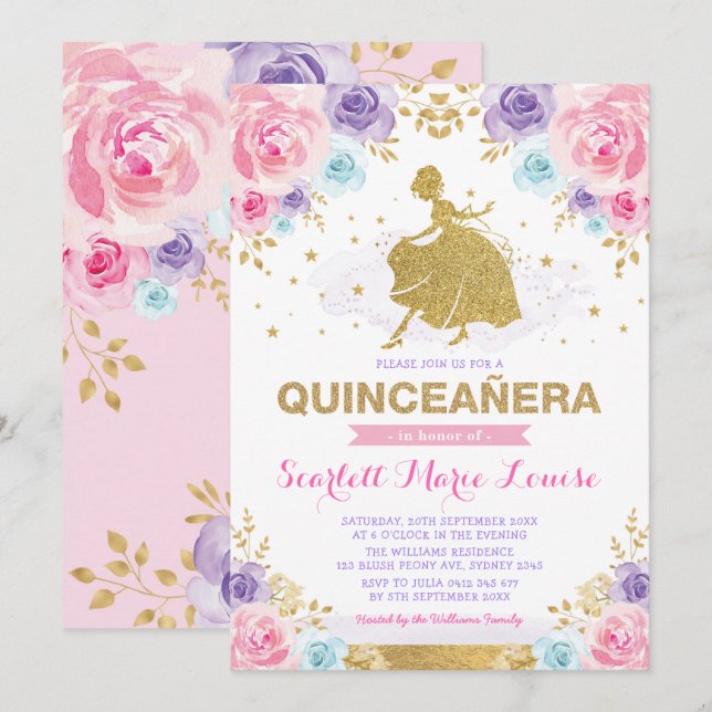 Princess Quinceañera, Lila Goldene Rose Einladung (Vorne/Hinten)