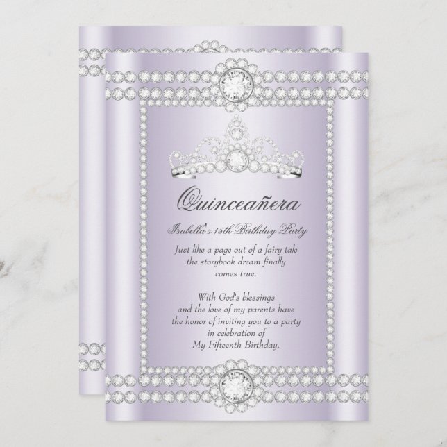 Princess Quinceanera Lilac Silver Diamond Tiara Einladung (Vorne/Hinten)