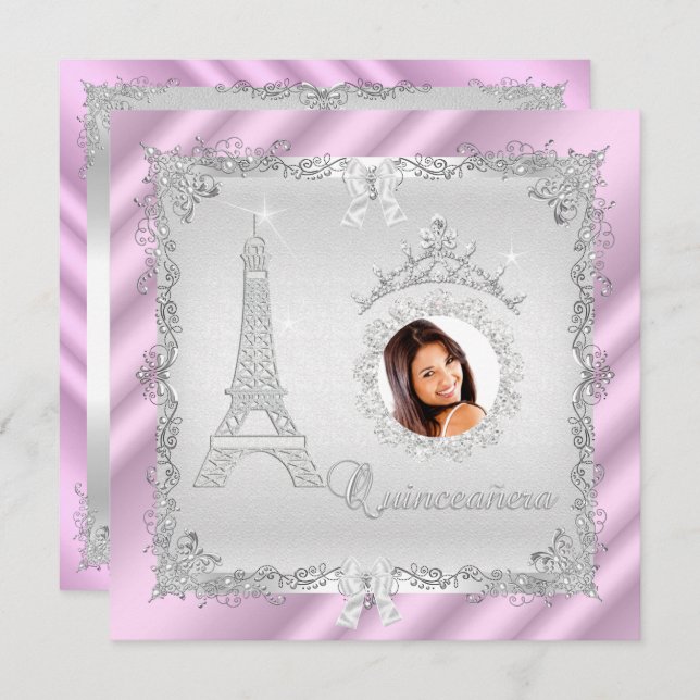 Princess Quinceanera Magenrosa Silver Foto 2 Einladung (Vorne/Hinten)