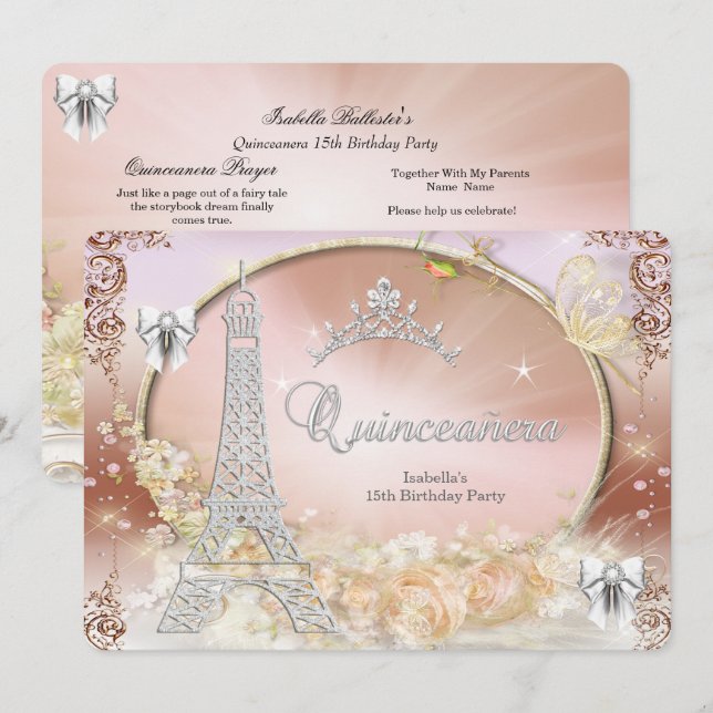 Princess Quinceanera Magical Cream Silver Einladung (Vorne/Hinten)