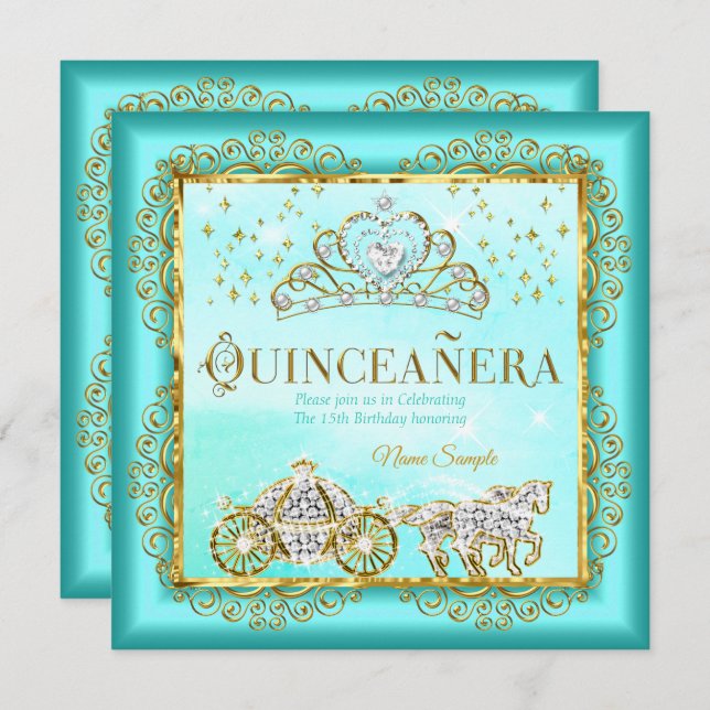 Princess Quinceañera magisch Aquamarin Blue Gold Einladung (Vorne/Hinten)