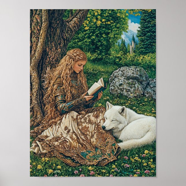 Princess Reading von ihrem Wolf Pet Poster (Vorne)