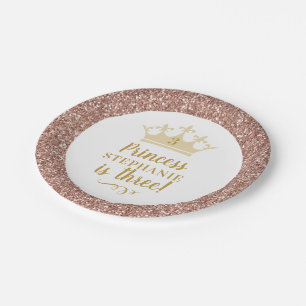 Princess Rose Gold Pink Glitzer Crown Birthday Pappteller