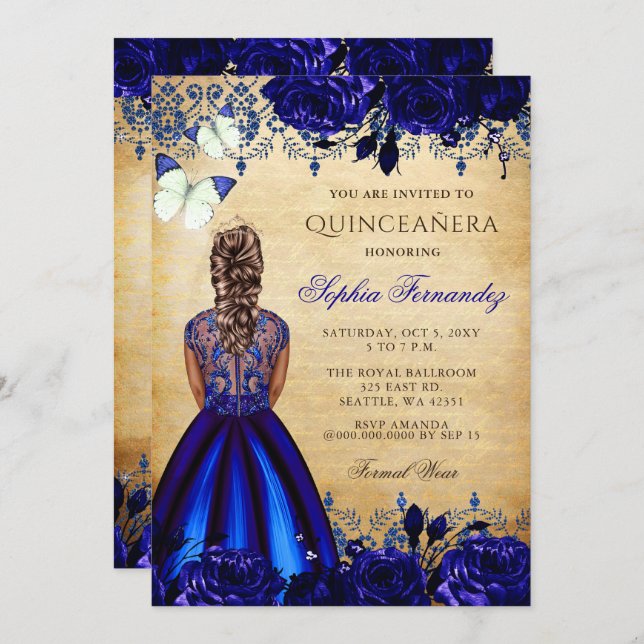 Princess Royal Blue Butterfly Quinceañera Einladung (Vorne/Hinten)