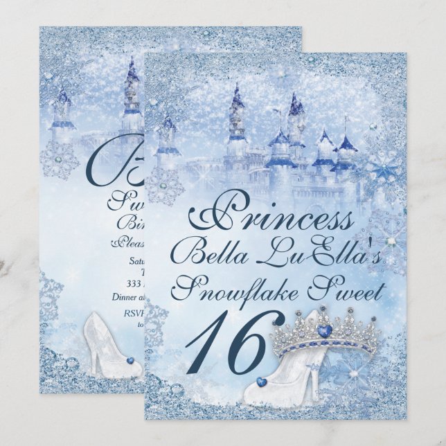 Princess Snowflake Sweet 16 Mis Quince Einladung (Vorne/Hinten)