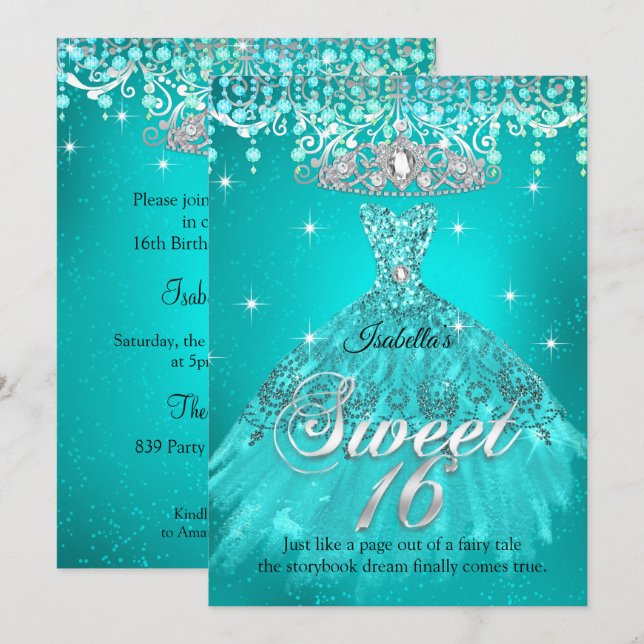 Princess Sweet 16 Birthday Aquamarin Aqua Dress Ti Einladung (Vorne/Hinten)