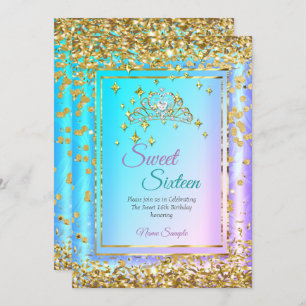 Princess Sweet 16 Gold Aquamarines Lila Party Einladung