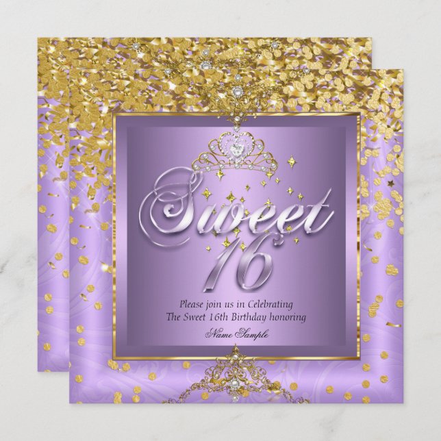 Princess Sweet 16 Gold Lavender Lila Party 2 Einladung (Vorne/Hinten)