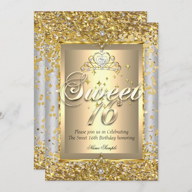 Princess Sweet 16 Gold Silver Gray Party Einladung (Vorne/Hinten)