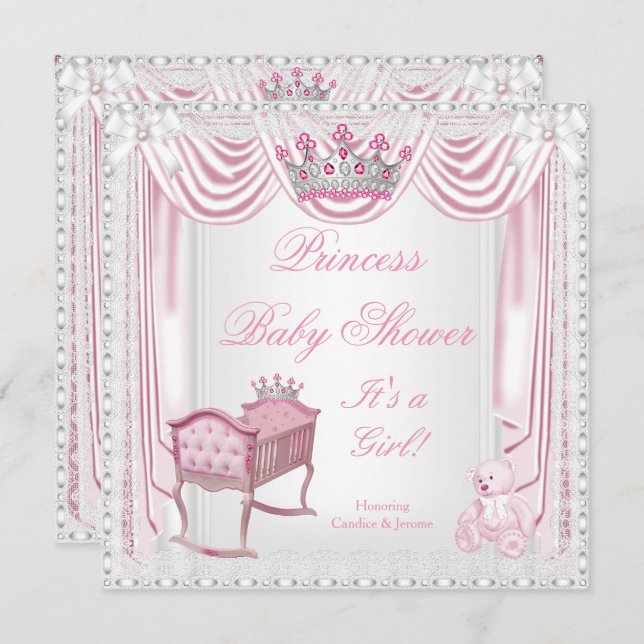 Princess Tiara Baby Dusche Pink Cradle Satin Spitz Einladung (Vorne/Hinten)