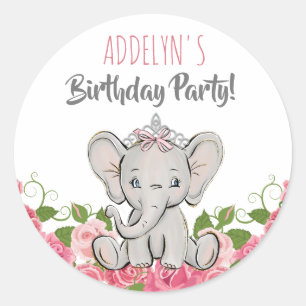 Princess Tiara Elephant Pink Blume Geburtstag Runder Aufkleber