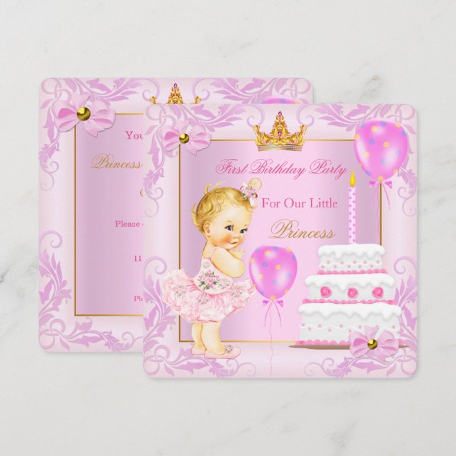 Princess Tiara Girl Pink Blonde zum ersten Geburts Einladung (Vorne/Hinten)