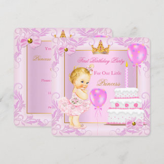 Princess Tiara Girl Pink Blonde zum ersten Geburts Einladung