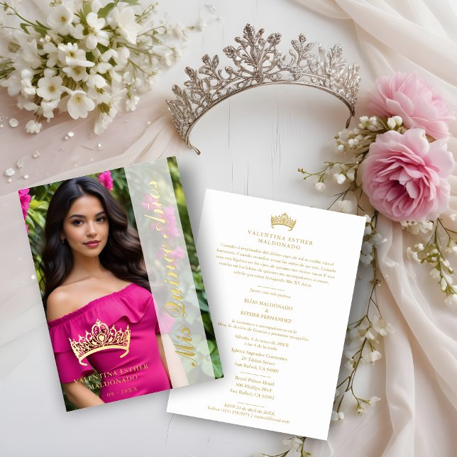 Princess Tiara Quinceañera Photo Fancy Calligraphy Folieneinladung (Spanish Princess Tiara Quinceañera Photo Fancy Calligraphy Script Real Golden Metallic Luxurious)