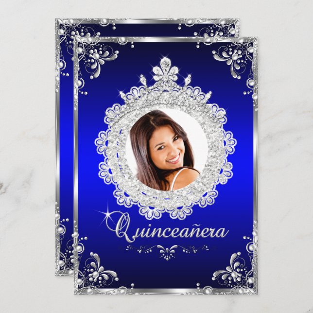 Princess Tiara Royal Blue Sparkle Quinceanera Einladung (Vorne/Hinten)