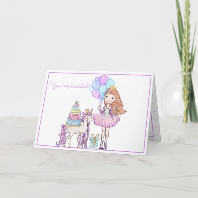 Princess Unicorn Moderne Giro Watercolor Einladung (Vorderseite)
