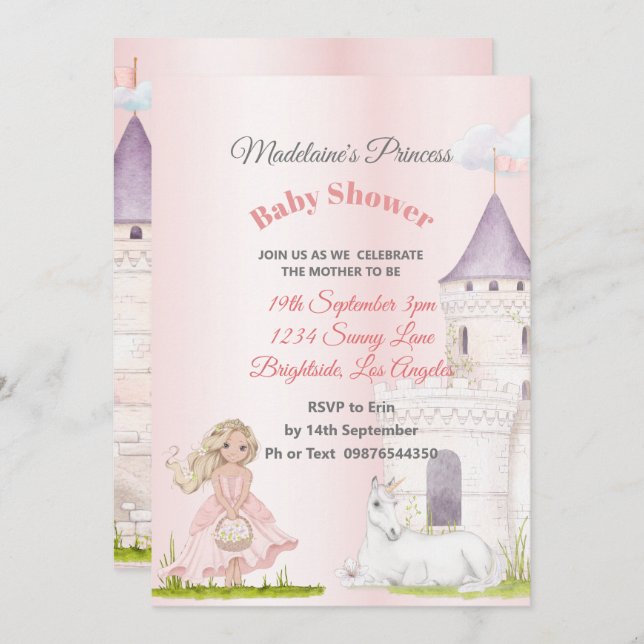 Princess Unicorn Pink Baby Girl Dusche Einladung (Vorne/Hinten)