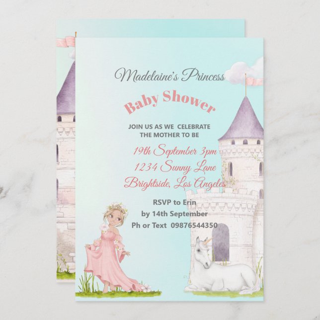 Princess Unicorn Pink Blue Baby Girl Dusche Invi Einladung (Vorne/Hinten)