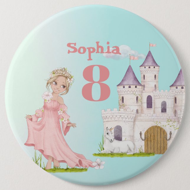 Princess Unicorn Pink Blue Castle Niedliche Geburt Button (Vorderseite)