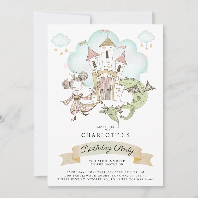 Princess Watercolor Girl's Birthday Einladung (Vorderseite)