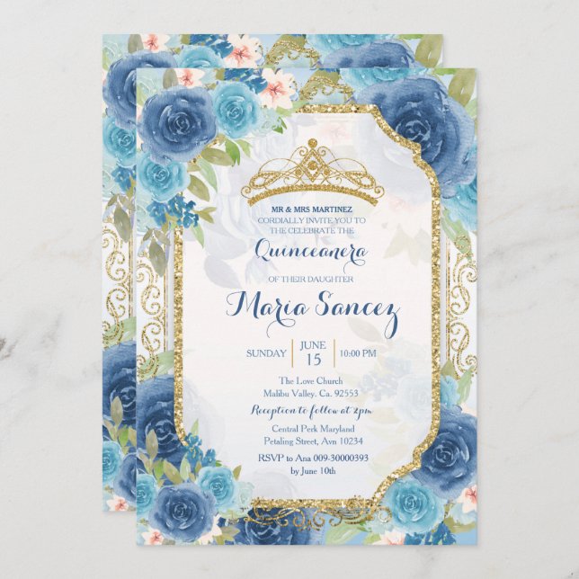 Princess White Roses mexikanische Mis Quince Einla Einladung (Vorne/Hinten)