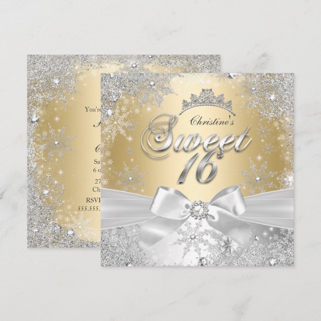 Princess Winter Wonderland Gold Sweet 16 Party Einladung (Vorne/Hinten)